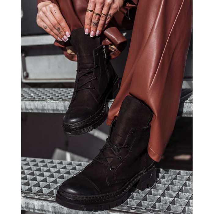 Czarne botki ocieplane skóra nubuk