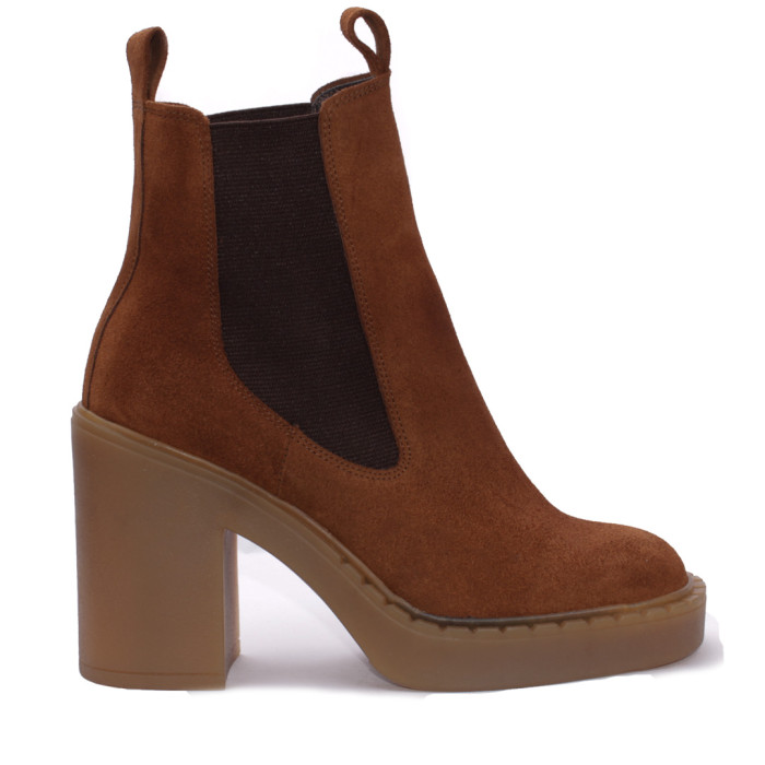 Brązowe botki na obcasie ze skóry welurowej BOTIMO