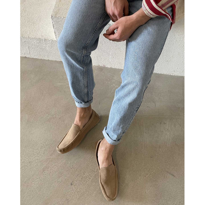 Beżowe mokasyny męskie skóra nubukowa