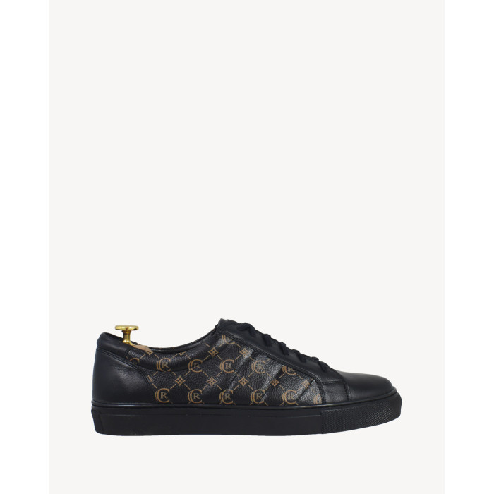 Black men's sneakers with graphics grain leather