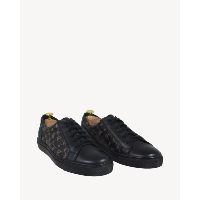 Black men's sneakers with graphics grain leather