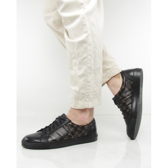 Black men's sneakers with graphics grain leather