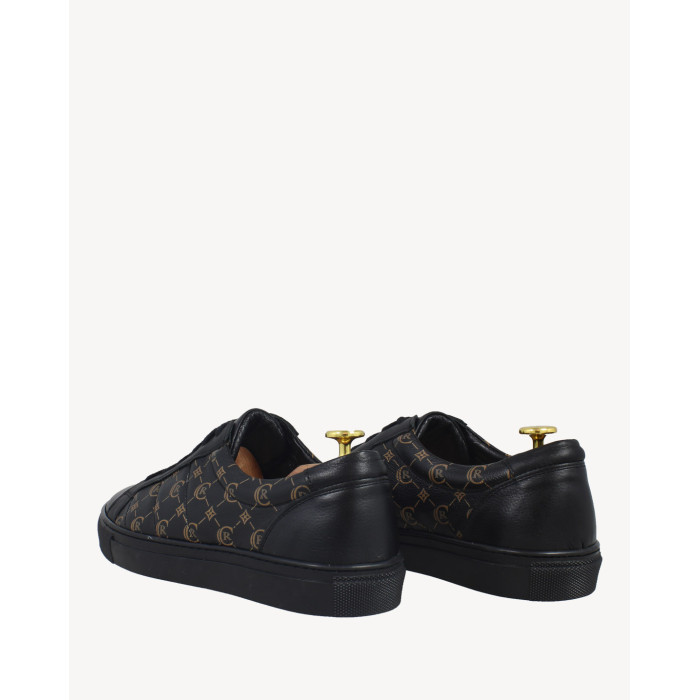 Black men's sneakers with graphics grain leather