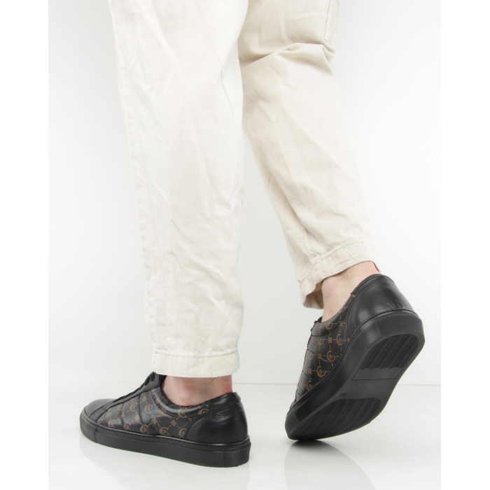 Black men's sneakers with graphics grain leather