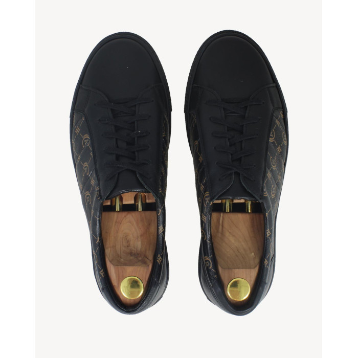 Black men's sneakers with graphics grain leather
