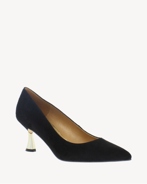 Black suede stilettos with gold heel