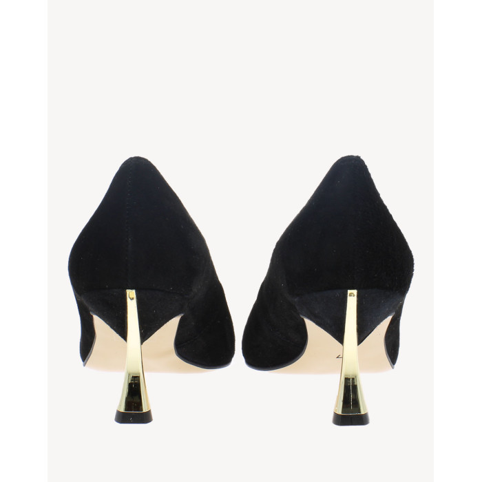 Black suede stilettos with gold heel