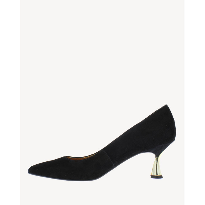 Black suede stilettos with gold heel