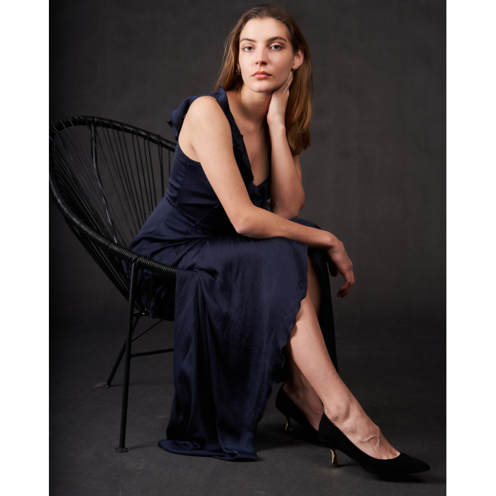 Black suede stilettos with gold heel