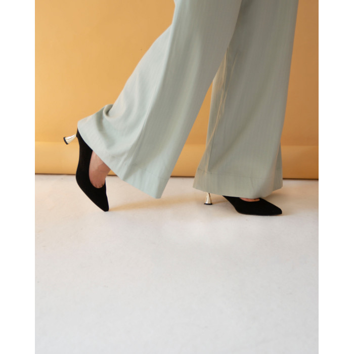 Black suede stilettos with gold heel