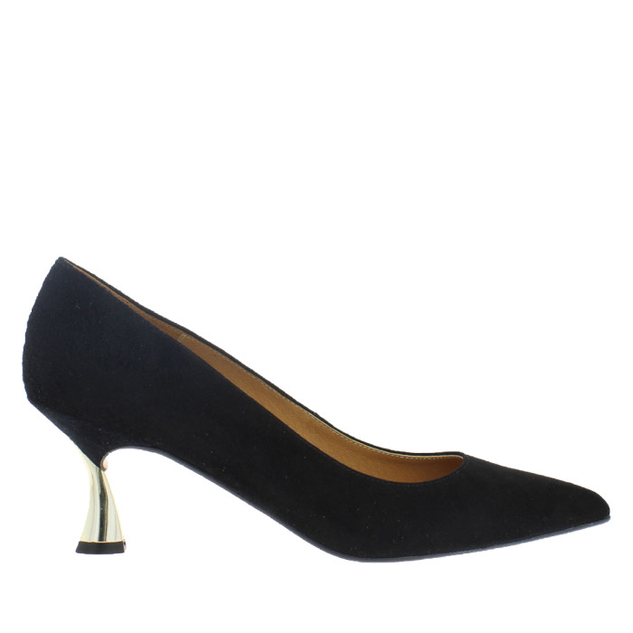 Czarne zamszowe szpilki na złotym obcasie