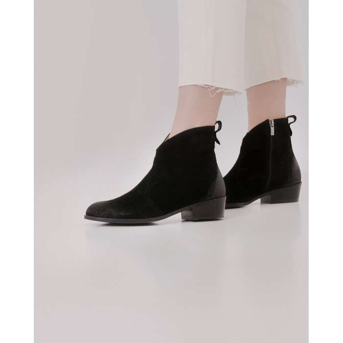 Black velour low heeled cowboy boots