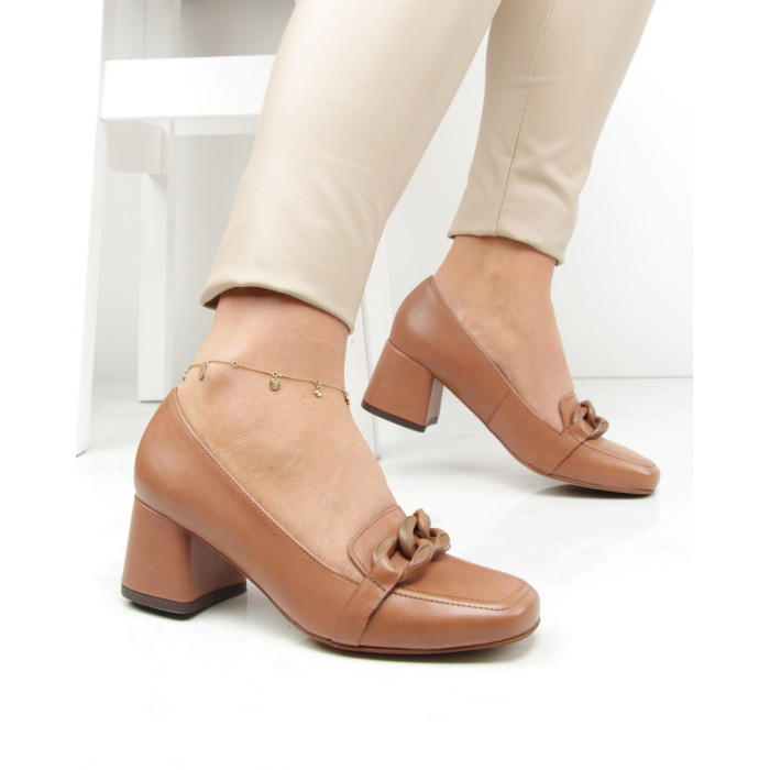 Red moccasins with chain heel