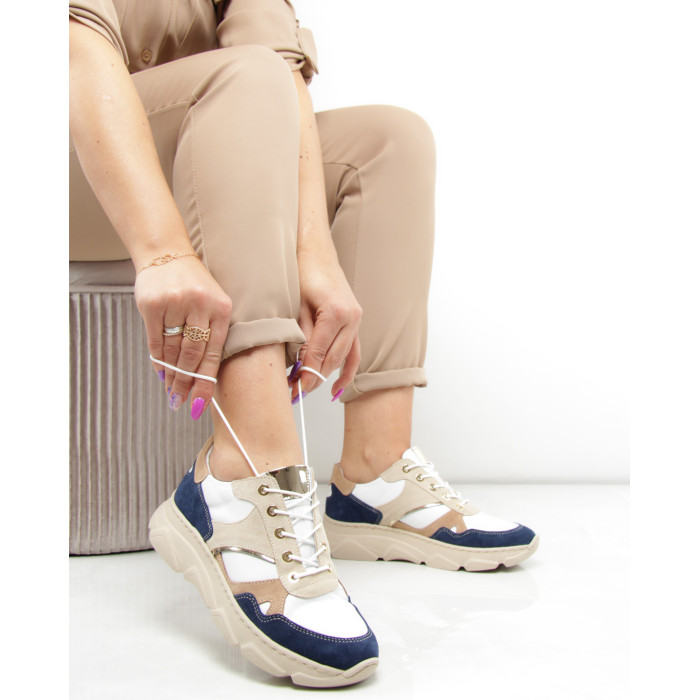 Beige - Navy blue leather sneakers