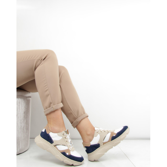 Beige - Navy blue leather sneakers