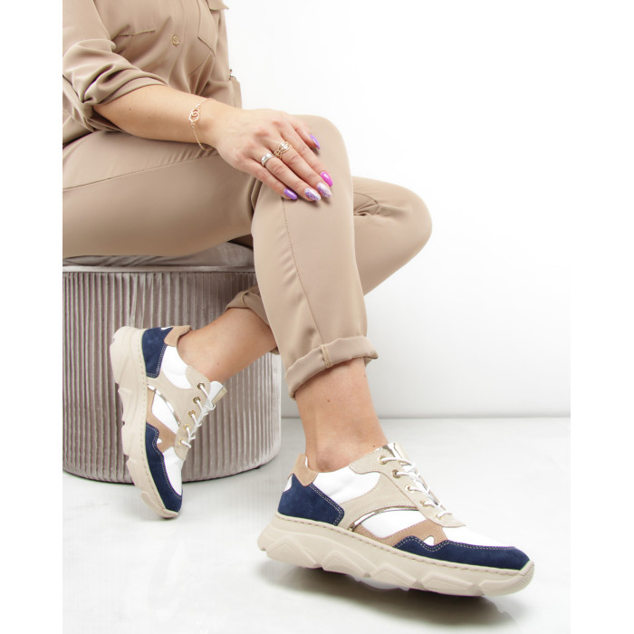 Beige - Navy blue leather sneakers