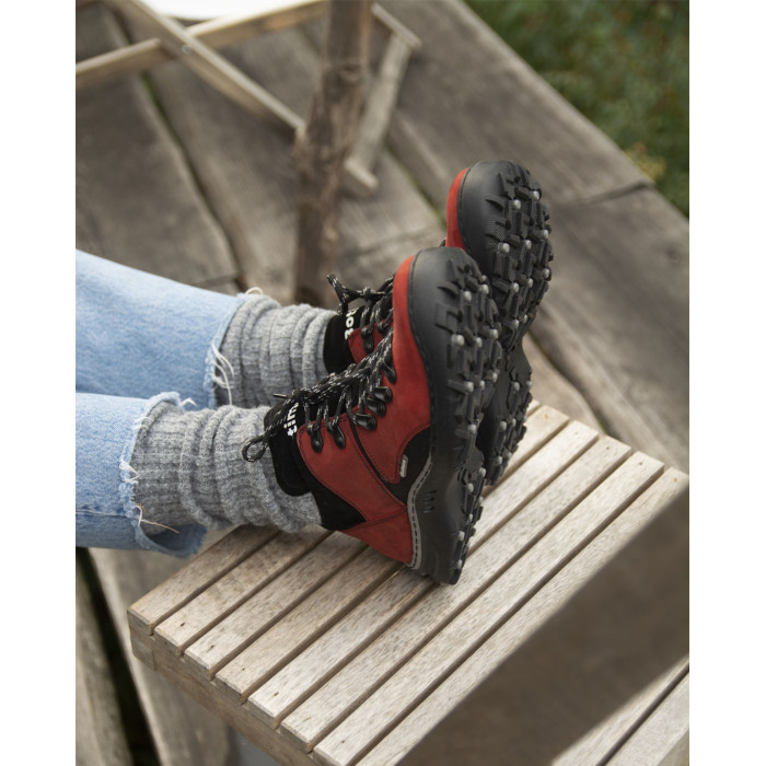 Red leather trekking boots