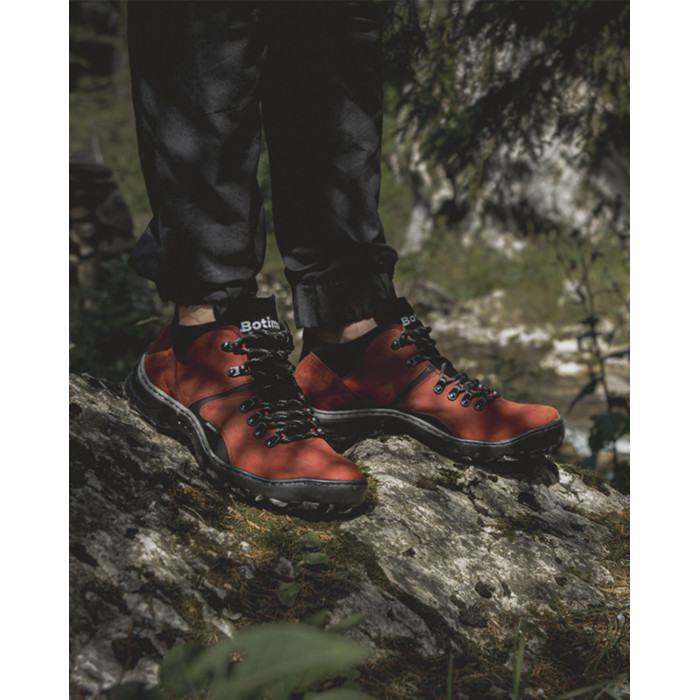 Red leather trekking boots