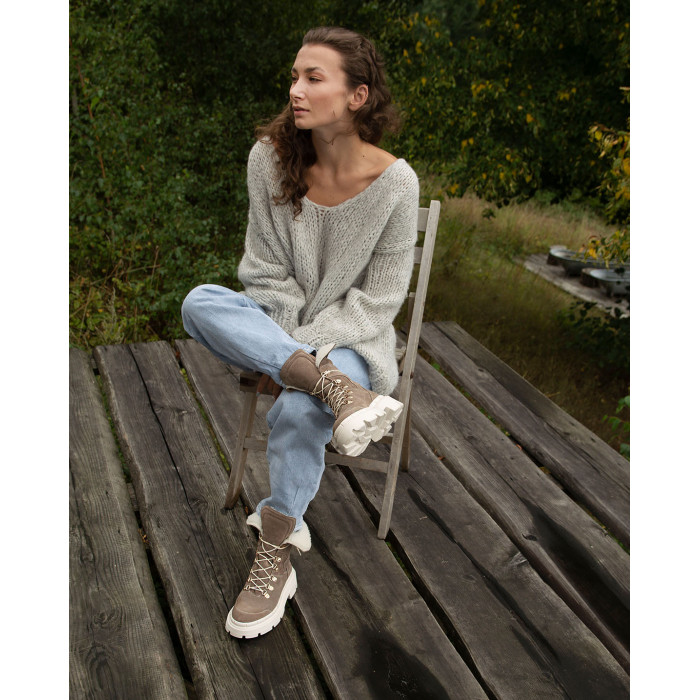 Brązowe śniegowce ocieplane skóra welur