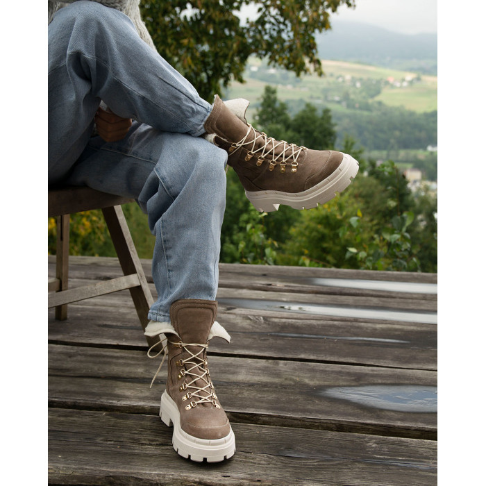 Brązowe śniegowce ocieplane skóra welur