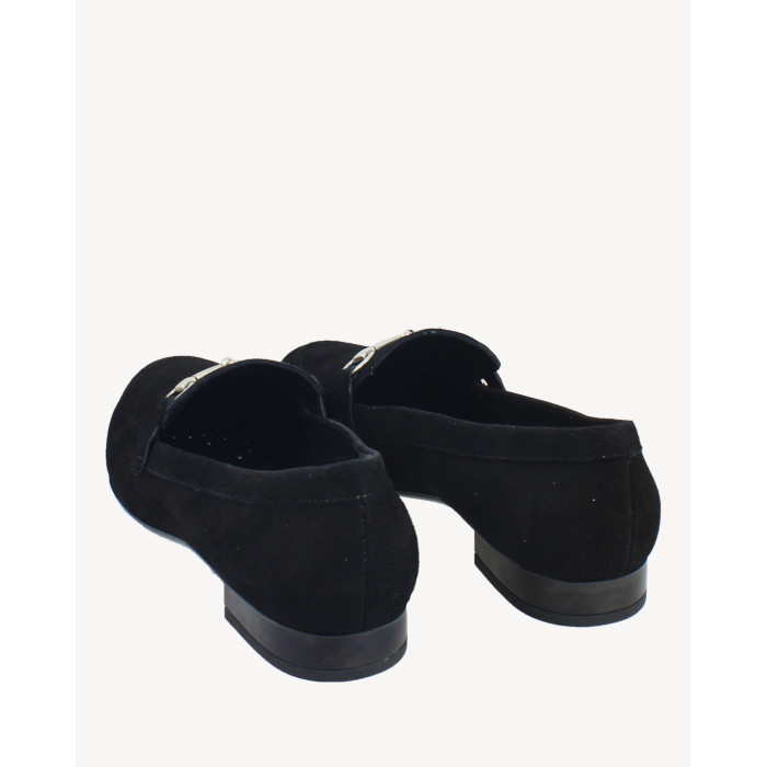 Black leather moccasins with decorative chain