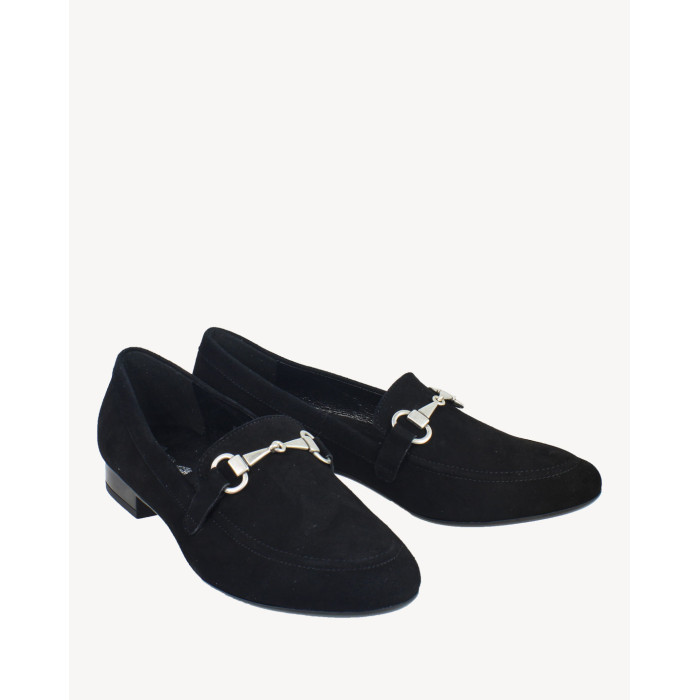 Black leather moccasins with decorative chain