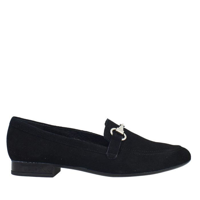 Black leather moccasins with decorative chain