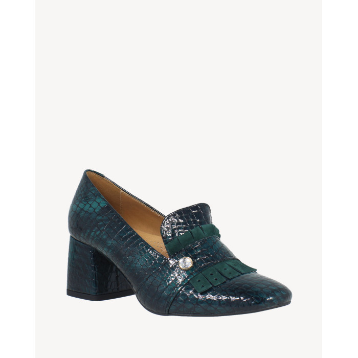 Green moccasins with imitation leather heel