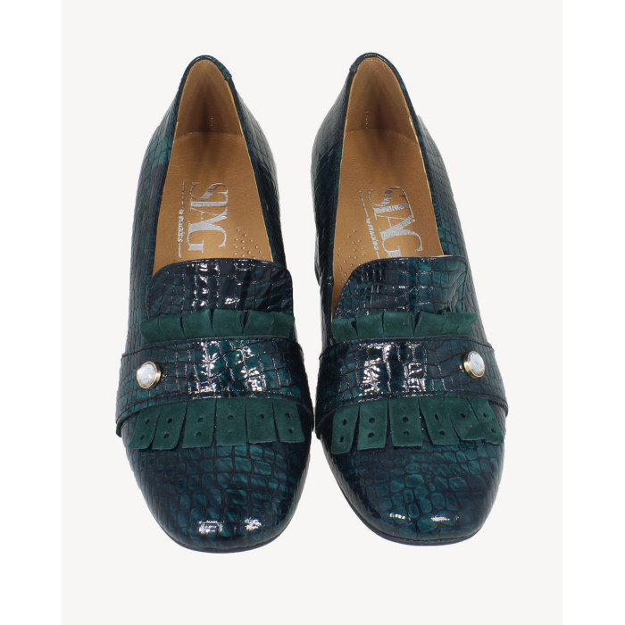 Green moccasins with imitation leather heel