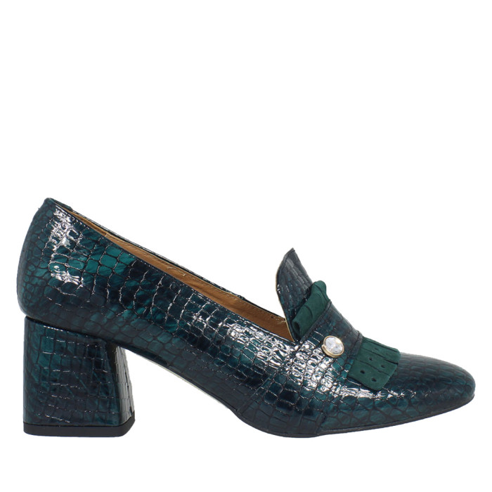 Green moccasins with imitation leather heel