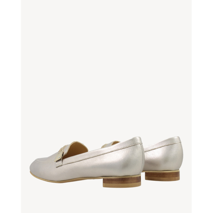 Golden leather moccasins with decorative chain