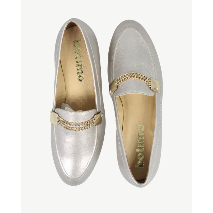 Golden leather moccasins with decorative chain