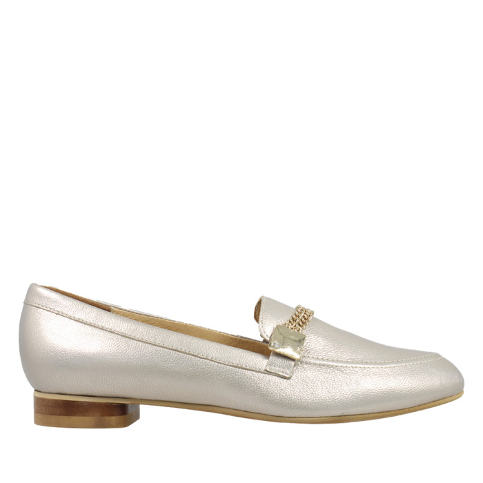 Golden leather moccasins with decorative chain