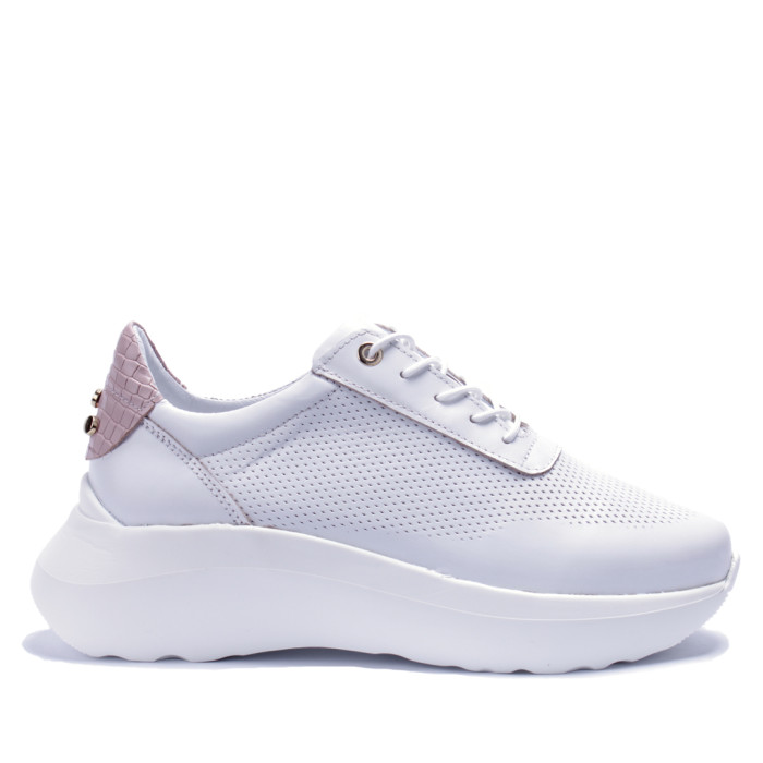 White sports shoes with openwork upper grain leather