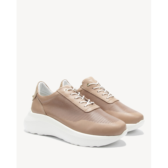Dark beige sports shoes with openwork upper leather