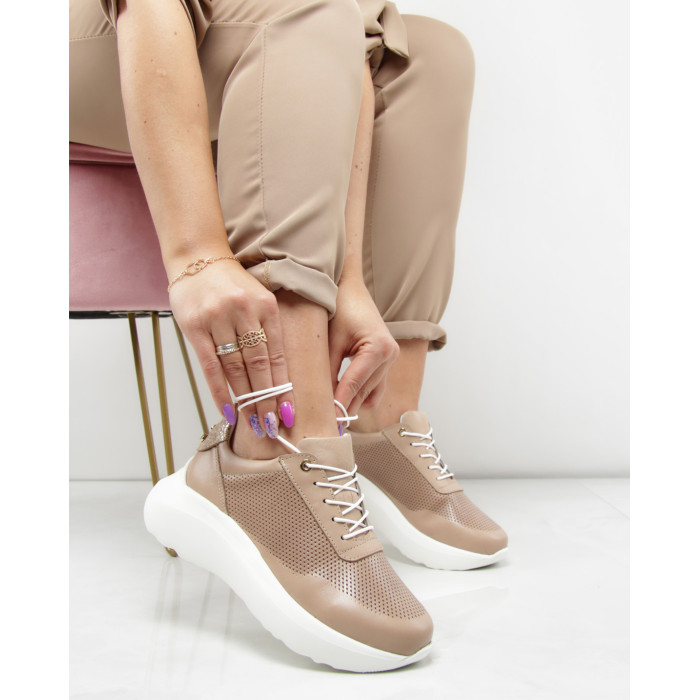 Dark beige sports shoes with openwork upper leather