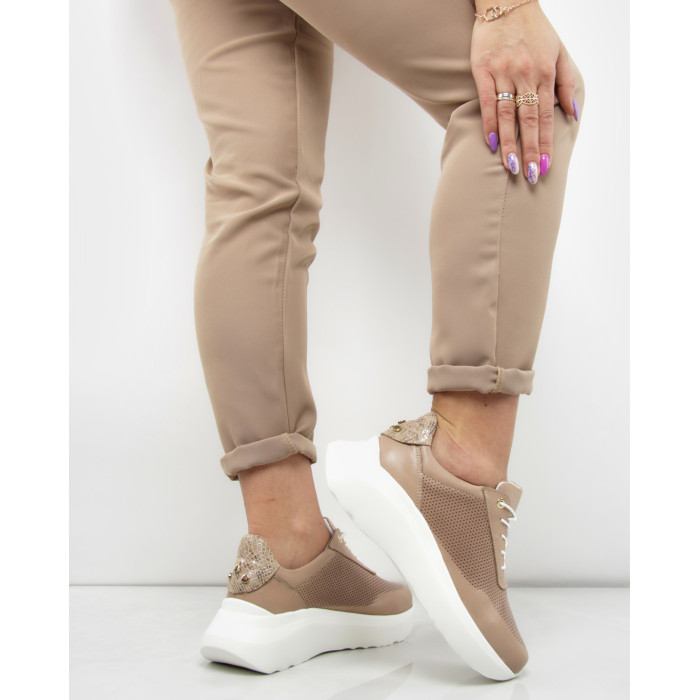 Dark beige sports shoes with openwork upper leather