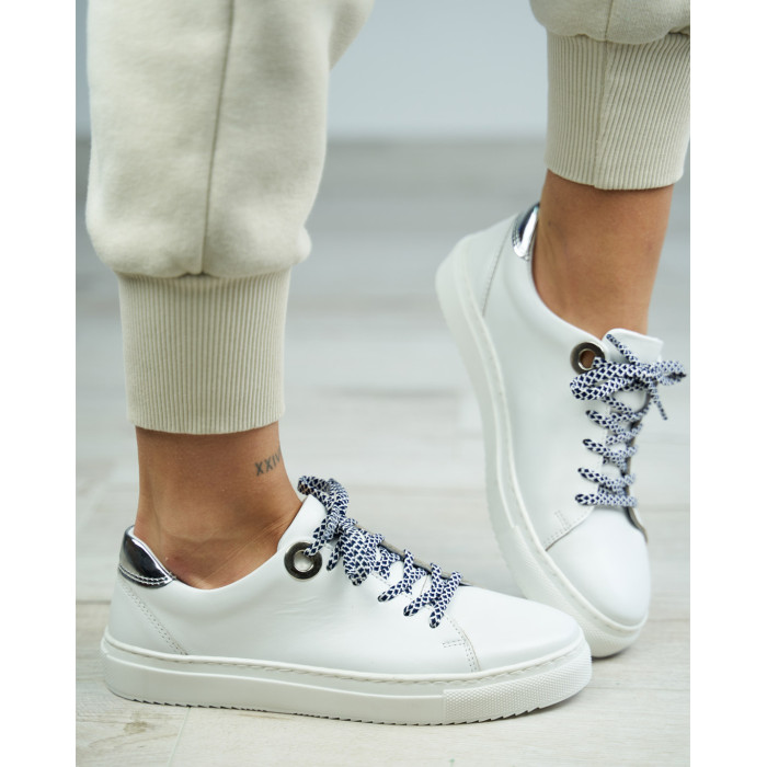 White sneakers on flat sole with colorful s