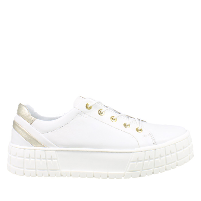 White sneakers on high sole grain leather
