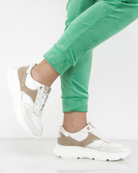 Beżowo - Białe sneakersy skórzane