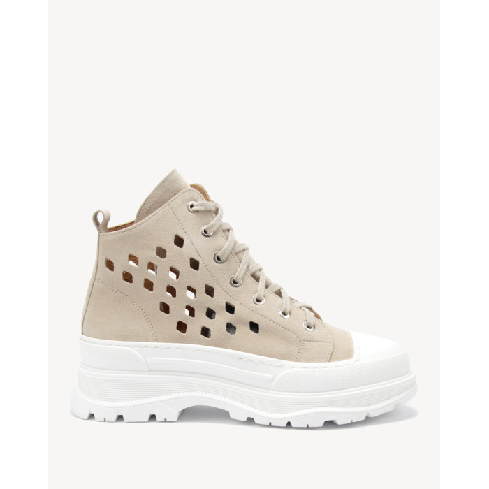 Beżowe botki letnie ażurowe skóra welurowa