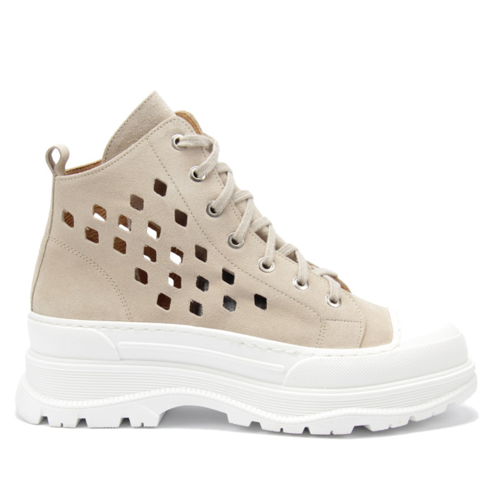 Beżowe botki letnie ażurowe skóra welurowa