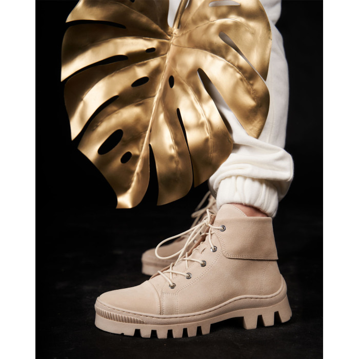 Beige velour summer boots on flat sole