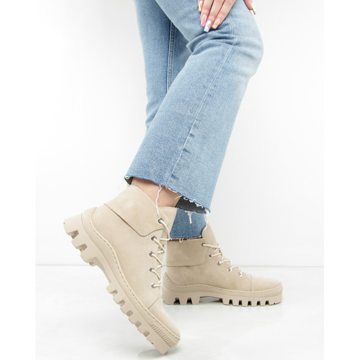 Beige velour summer boots on flat sole
