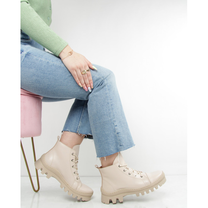 Beżowe botki letnie na płaskiej podeszwie skóra li