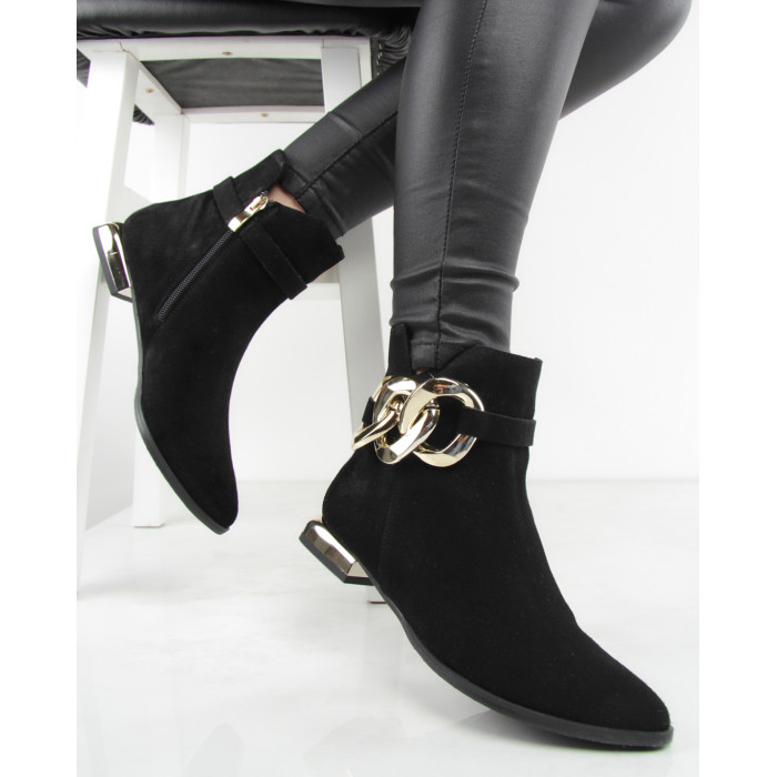 Czarne botki z łańcuchem skóra welur