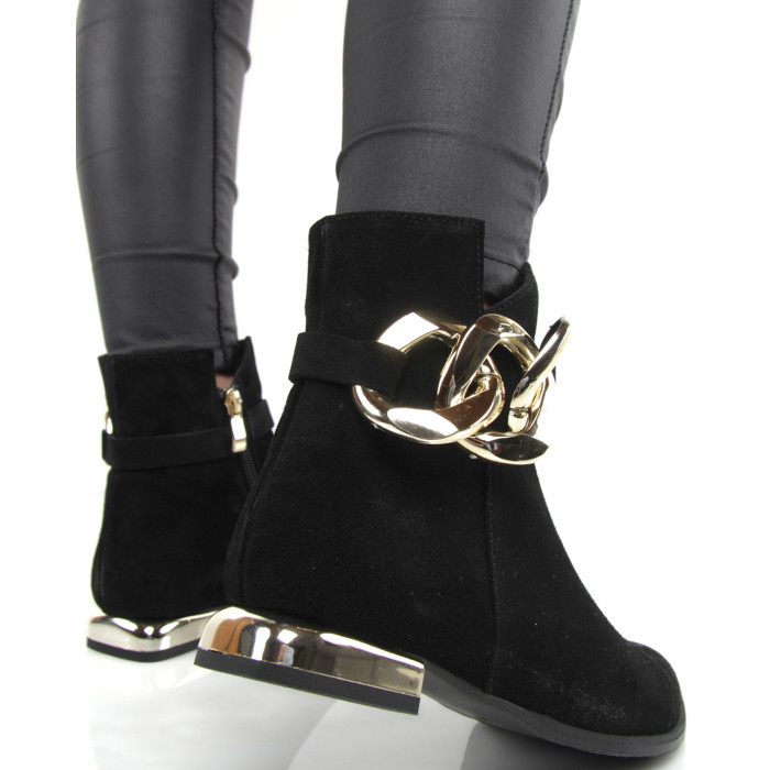 Czarne botki z łańcuchem skóra welur