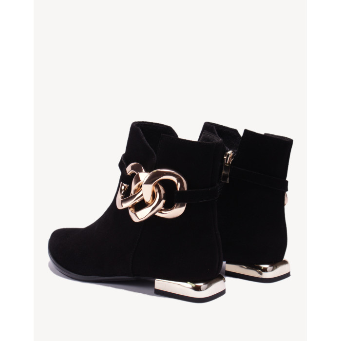 Czarne botki z łańcuchem skóra welur