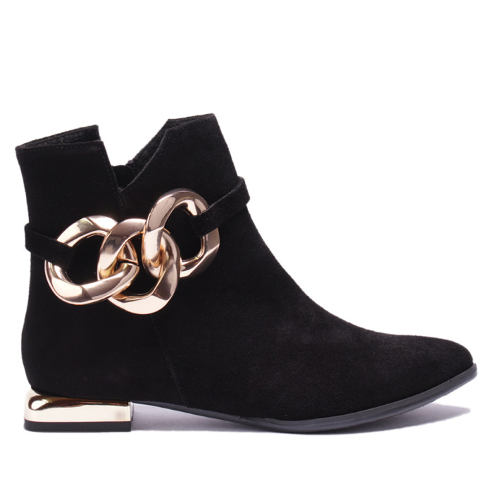 Czarne botki z łańcuchem skóra welur