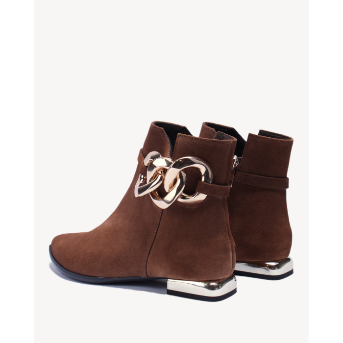 Brązowe botki z łańcuchem skóra welur